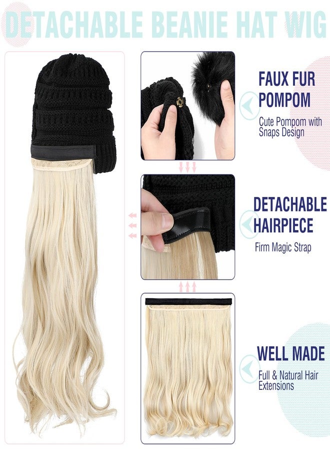 Lansigreen Hat Wig Beanie Hat with Hair Long Wavy Extensions Knit Pom Pom Hat Attached 20" Synthetic Removable Hairpiece for Women Winter Ash Blonde Mix Bleach Blonde - Image 4